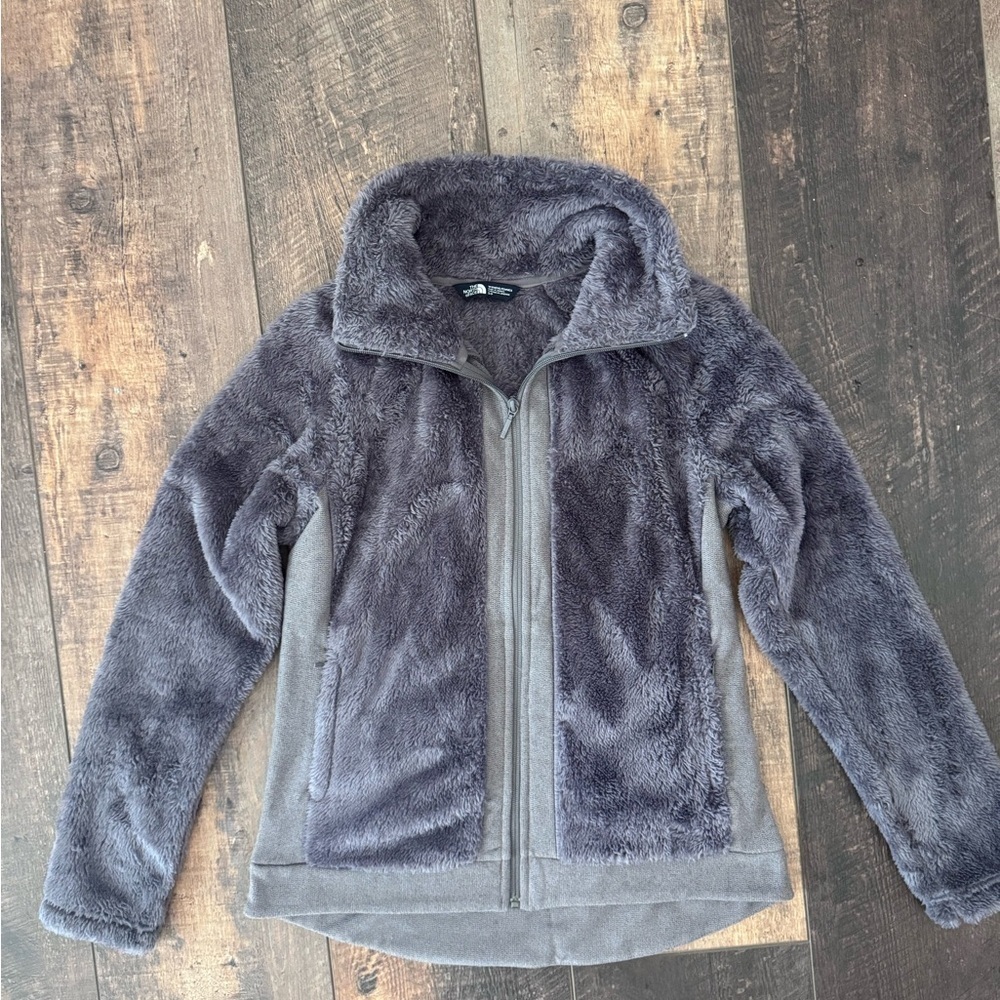 The North Face Gray Plush Faux Fur Fleece Jacket Women’s Small Full Zip Cozy